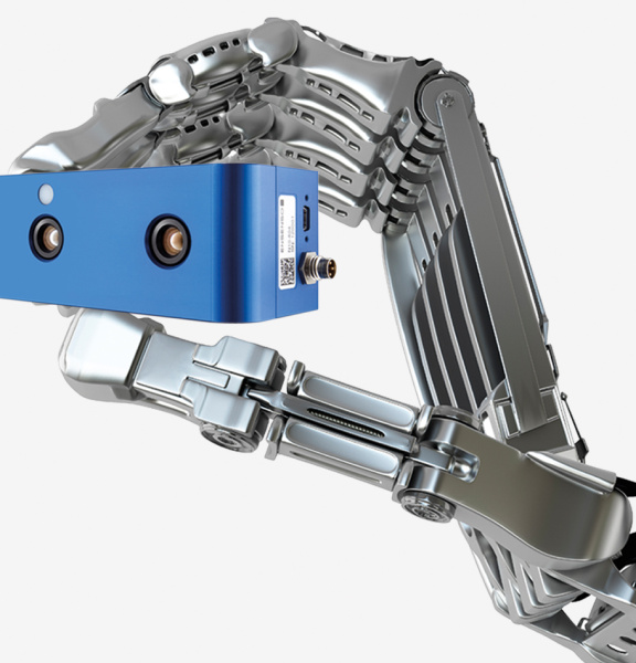 A metal-coloured robotic hand holds an Ensenso 3D camera from the N series on a white background.