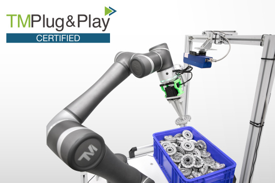 A robot in a plug-and-play application with an Ensenso 3D camera.